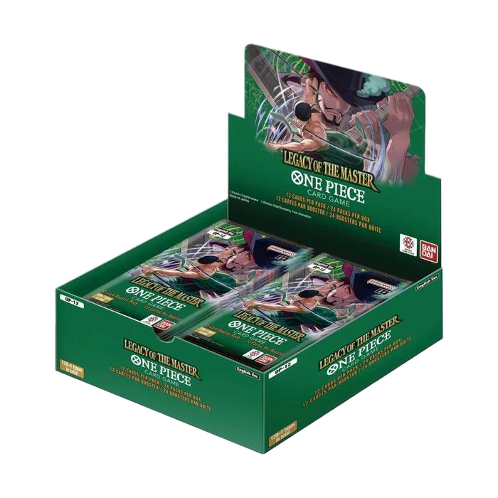 A One Piece Legacy of the Master booster box featuring Dracule Mihawk on the packaging.
