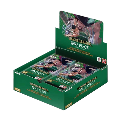 A One Piece Legacy of the Master booster box featuring Dracule Mihawk on the packaging.