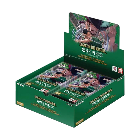 A One Piece Legacy of the Master booster box featuring Dracule Mihawk on the packaging.