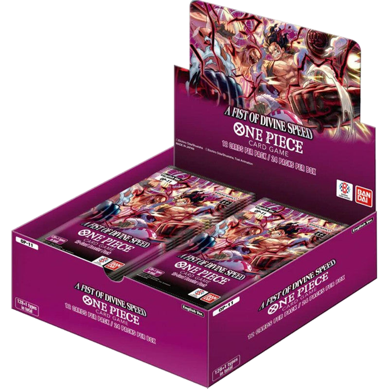 A One Piece A Fist Of Divine Speed booster box containing twenty-four packs of trading cards.