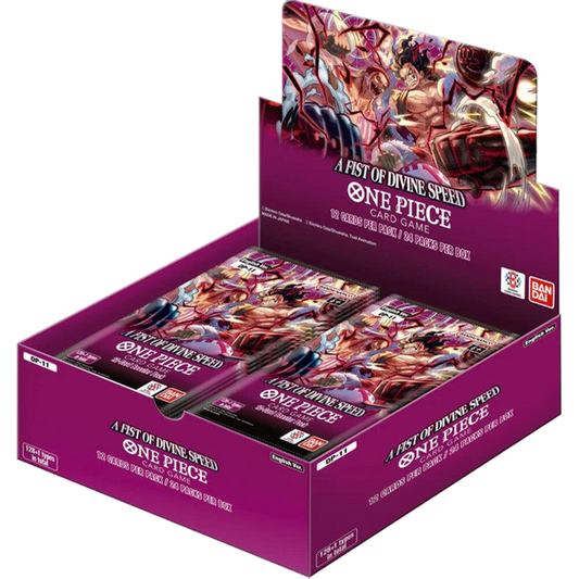 A One Piece A Fist Of Divine Speed booster box containing twenty-four packs of trading cards.