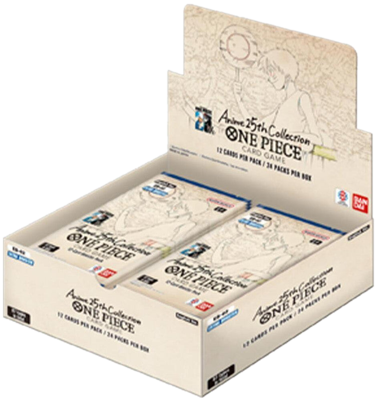 A One Piece Anime 25th Collection booster box containing multiple packs of trading cards.