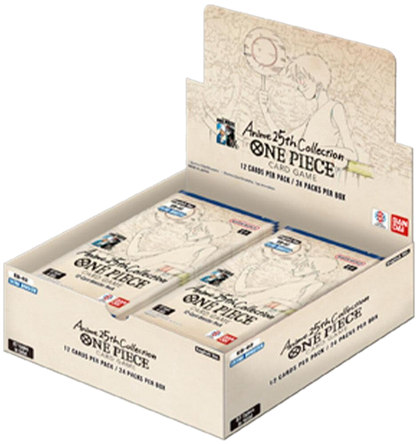 A One Piece Anime 25th Collection booster box containing multiple packs of trading cards.