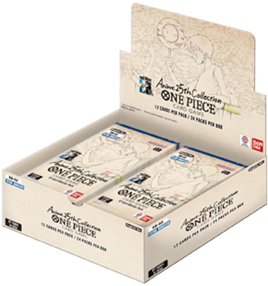 A One Piece Anime 25th Collection booster box containing multiple packs of trading cards.