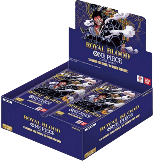 A One Piece Royal Blood booster box featuring Luffy on the packaging.