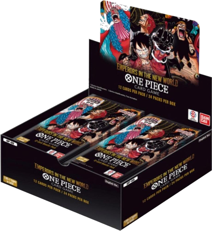 A One Piece Emperors of the New World booster box containing twenty-four card packs.