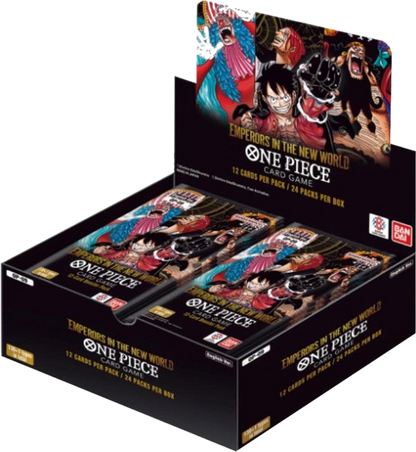 A One Piece Emperors of the New World booster box containing twenty-four card packs.