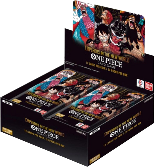 A One Piece Emperors of the New World booster box containing twenty-four card packs.