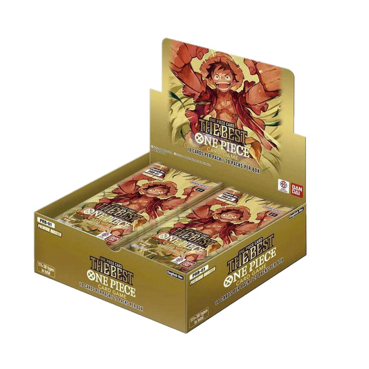 A factory-sealed One Piece The Best Premium Booster Box featuring Luffy on the packaging.
