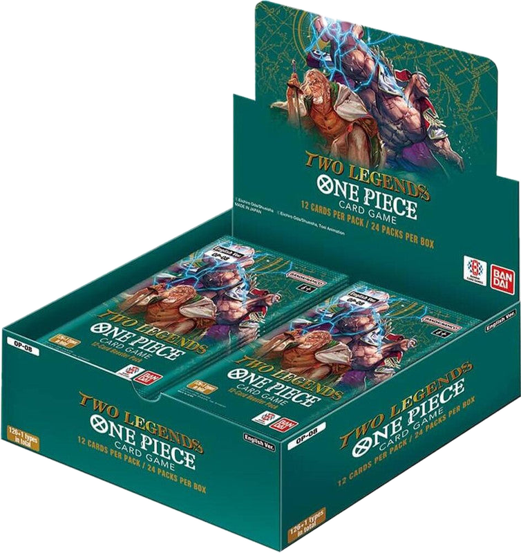 A One Piece Two Legends booster box containing twenty-four packs of trading cards.