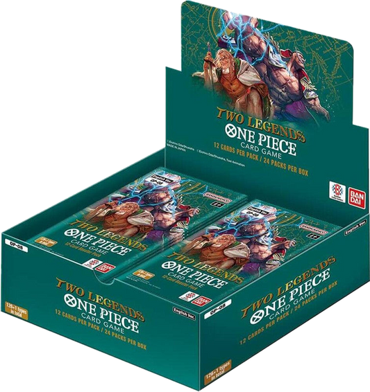 A One Piece Two Legends booster box containing twenty-four packs of trading cards.