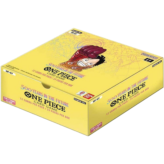 A yellow One Piece 500 Years In The Future booster box featuring Luffy on the lid.