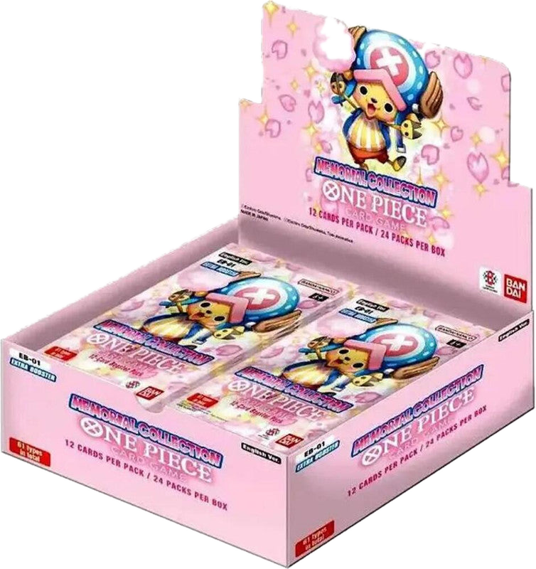 A pink One Piece Memorial Collection booster box featuring Tony Tony Chopper on the packaging.