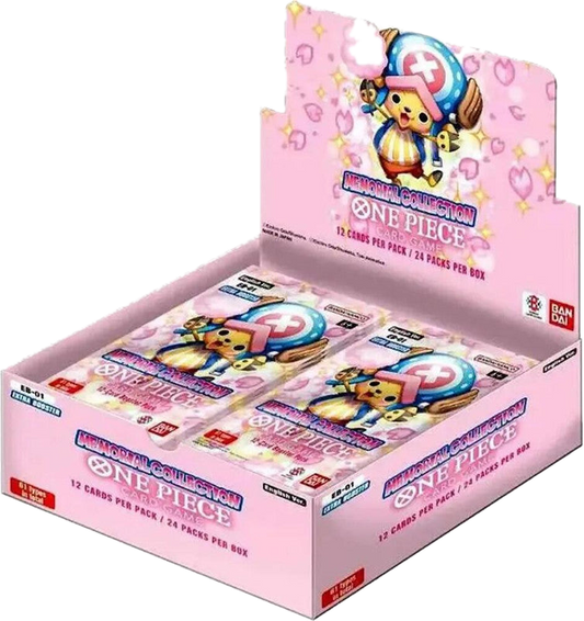A pink One Piece Memorial Collection booster box featuring Tony Tony Chopper on the packaging.