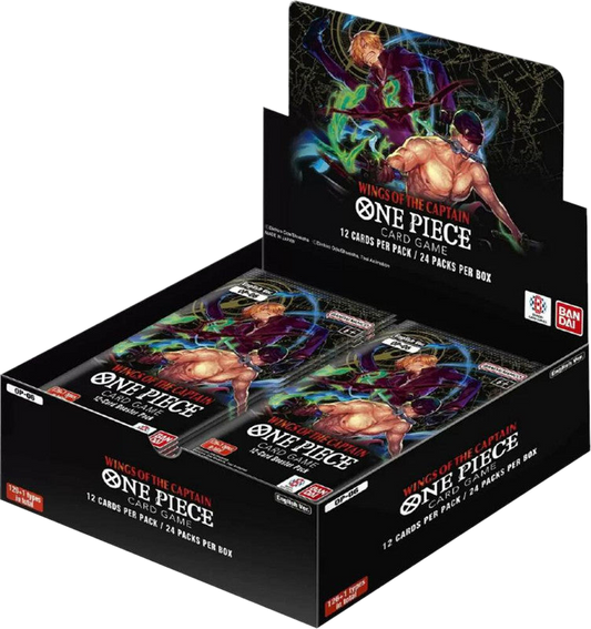 A One Piece Wings of the Captain booster box containing twenty-four card packs.