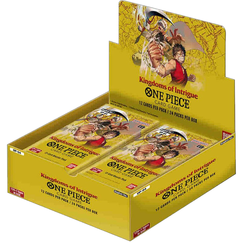 A One Piece Kingdoms of Intrigue booster box containing twenty-four packs of trading cards.