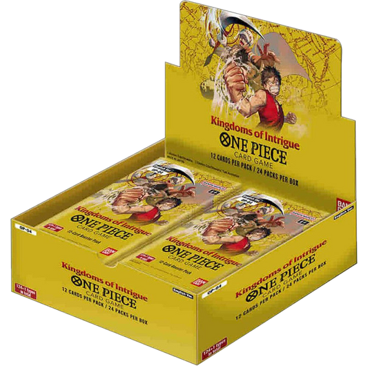 A One Piece Kingdoms of Intrigue booster box containing twenty-four packs of trading cards.