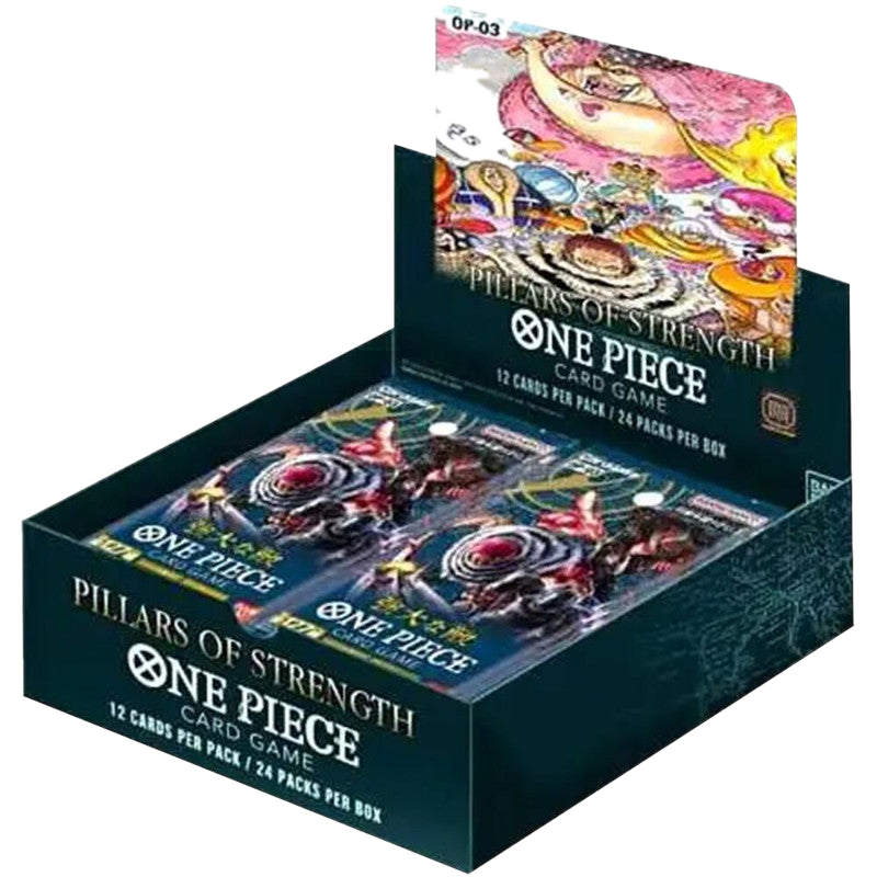 A One Piece Pillars of Strength booster box containing twenty-four packs of trading cards.
