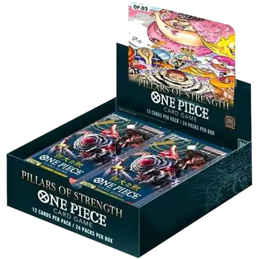 A One Piece Pillars of Strength booster box containing twenty-four packs of trading cards.