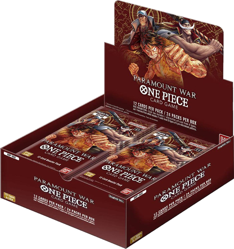 A One Piece Paramount War booster box containing twenty-four packs of trading cards.