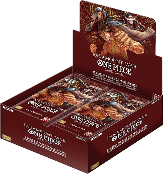 A One Piece Paramount War booster box containing twenty-four packs of trading cards.