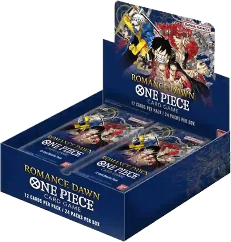 A One Piece Romance Dawn booster box containing twenty-four packs of trading cards.