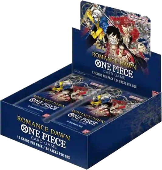 A One Piece Romance Dawn booster box containing twenty-four packs of trading cards.