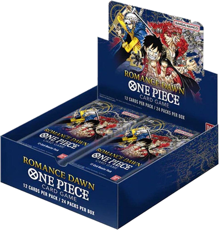 A sealed One Piece Romance Dawn booster box containing twenty-four packs of trading cards.