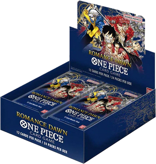 A sealed One Piece Romance Dawn booster box containing twenty-four packs of trading cards.