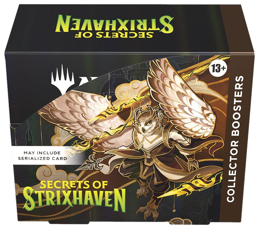 A Magic: The Gathering Secrets of Strixhaven collector booster box featuring an owl-like creature.