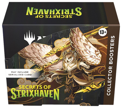 A Magic: The Gathering Secrets of Strixhaven collector booster box featuring an owl-like creature.