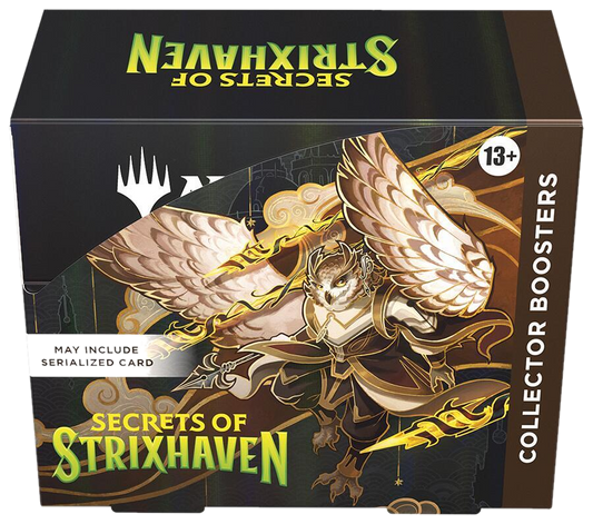 A Magic: The Gathering Secrets of Strixhaven collector booster box featuring an owl-like creature.