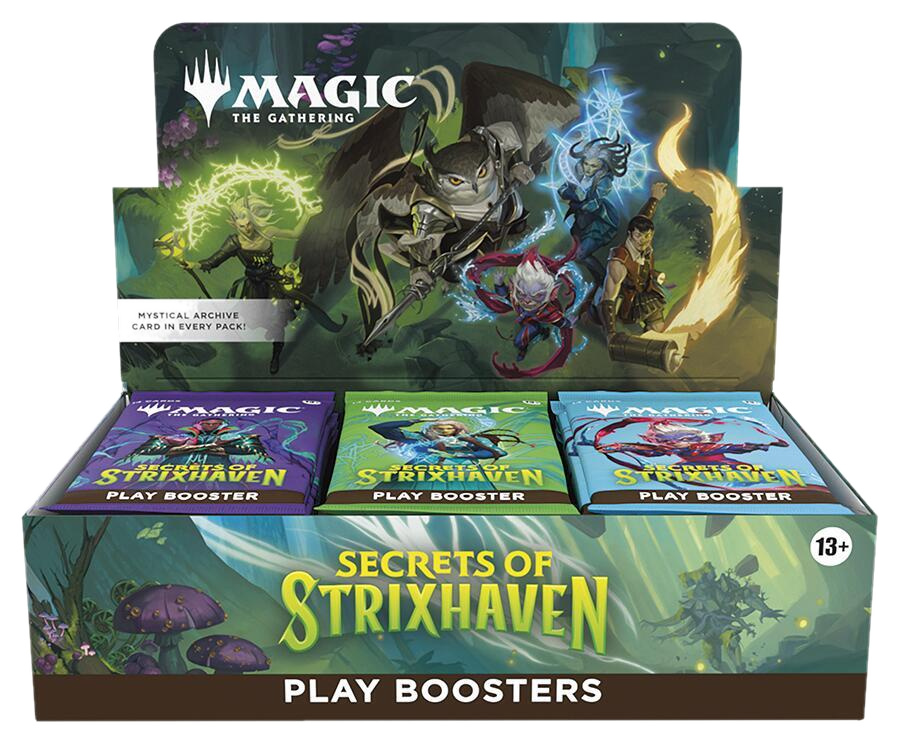 A Magic: The Gathering Secrets of Strixhaven play booster box with three visible booster packs.