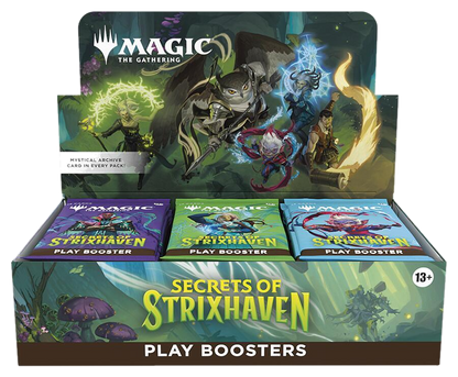 A Magic: The Gathering Secrets of Strixhaven play booster box with three visible booster packs.
