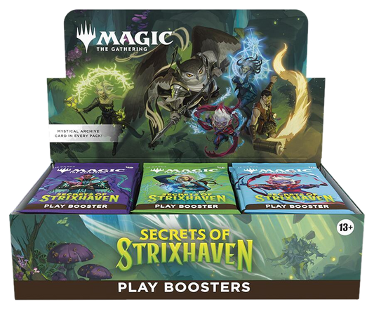 A Magic: The Gathering Secrets of Strixhaven play booster box with three visible booster packs.
