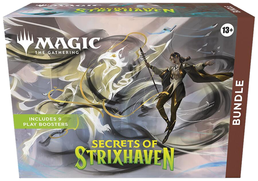 A Magic The Gathering Secrets of Strixhaven bundle box featuring a mage and a spectral bird.