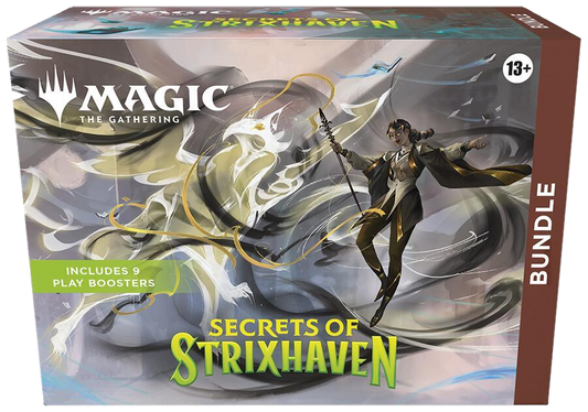A Magic The Gathering Secrets of Strixhaven bundle box featuring a mage and a spectral bird.