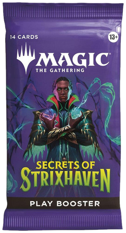 A Magic: The Gathering Secrets of Strixhaven play booster pack featuring a mage on the front.