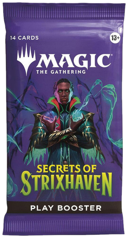 A Magic: The Gathering Secrets of Strixhaven play booster pack featuring a mage on the front.