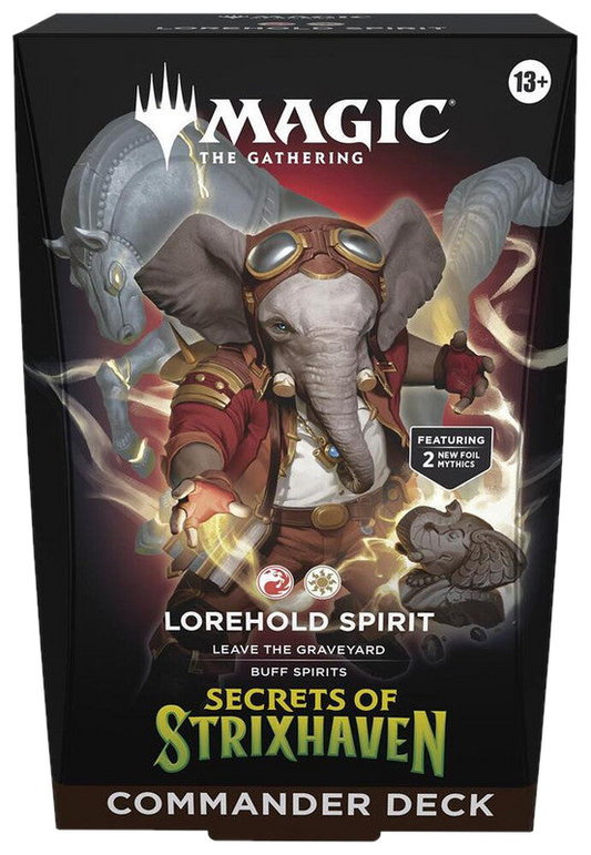 The Magic the Gathering Lorehold Spirit Commander deck box features an elephant archaeologist.