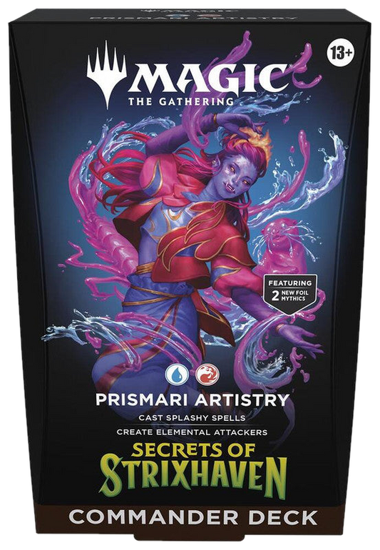 The Magic the Gathering Prismari Artistry Commander deck box features a blue and red color theme.