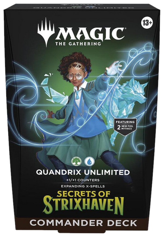 A Magic the Gathering Quandrix Unlimited Commander deck box featuring a student and a wolf spirit.