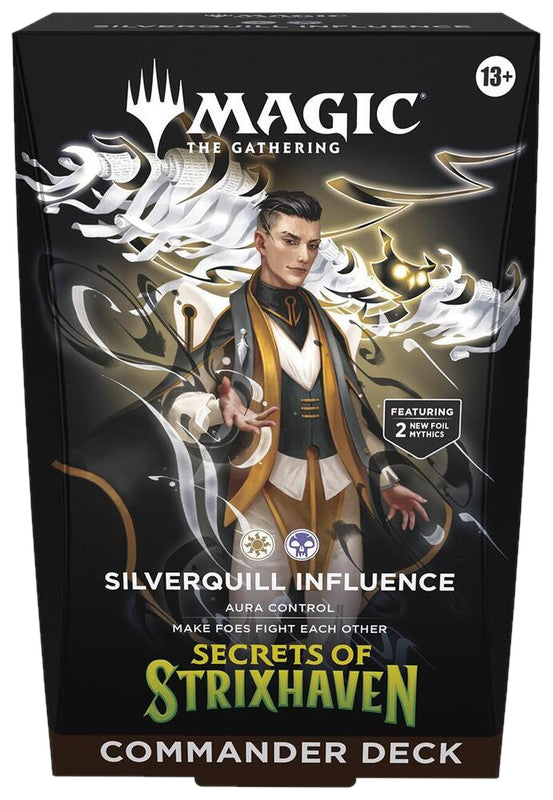The Magic The Gathering Silverquill Influence Commander deck box features a character illustration.