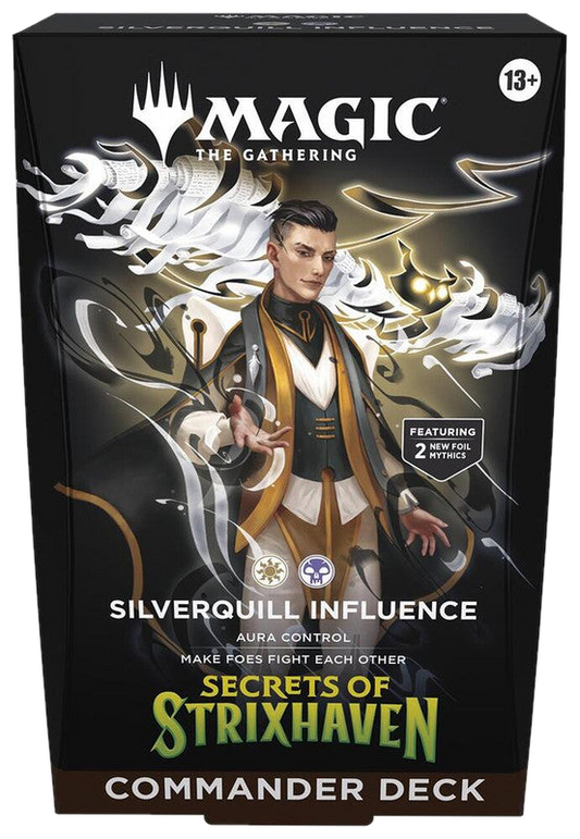 The Magic The Gathering Silverquill Influence Commander deck box features a character illustration.