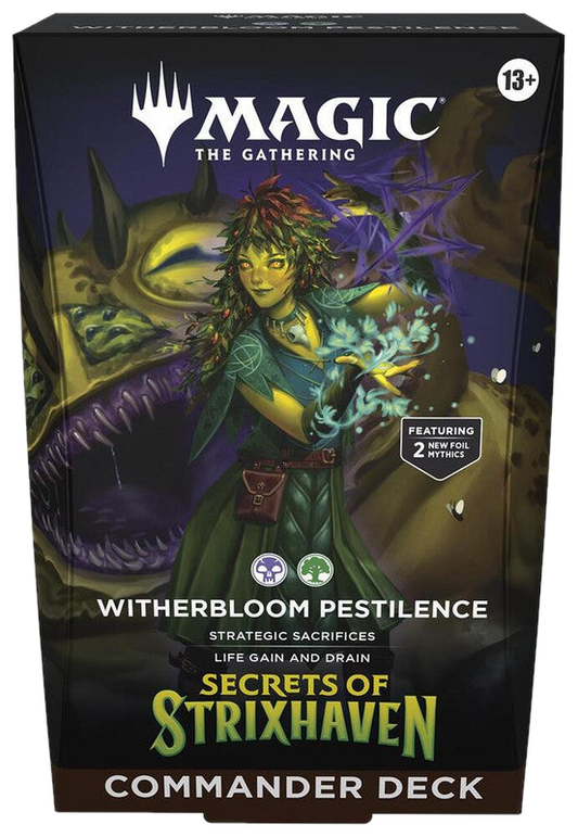 A Magic: The Gathering Witherbloom Pestilence Commander deck box featuring a green-clad mage.