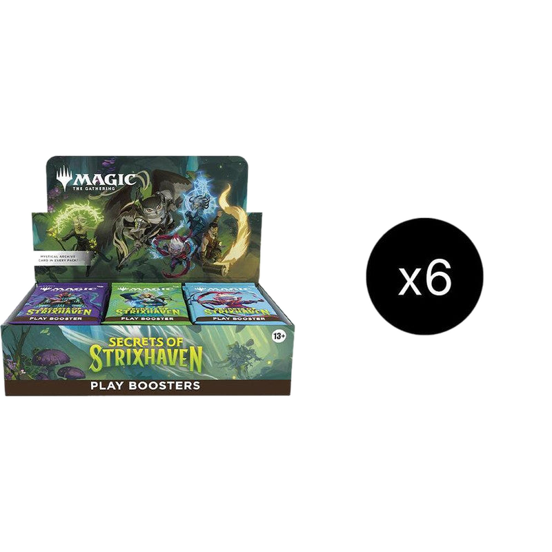 A case of six Magic the Gathering Secrets of Strixhaven play booster boxes.
