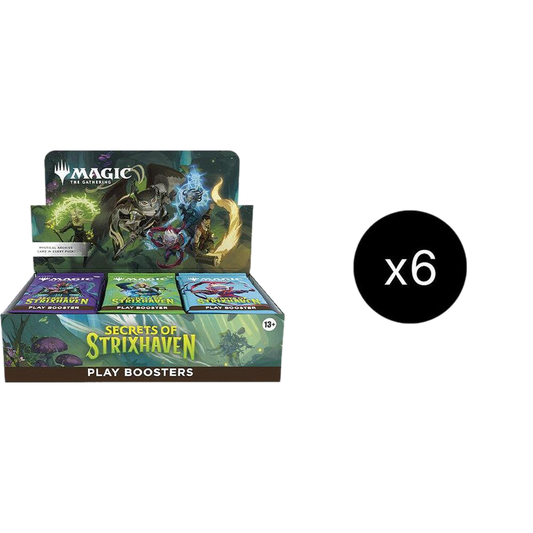 A case of six Magic the Gathering Secrets of Strixhaven play booster boxes.