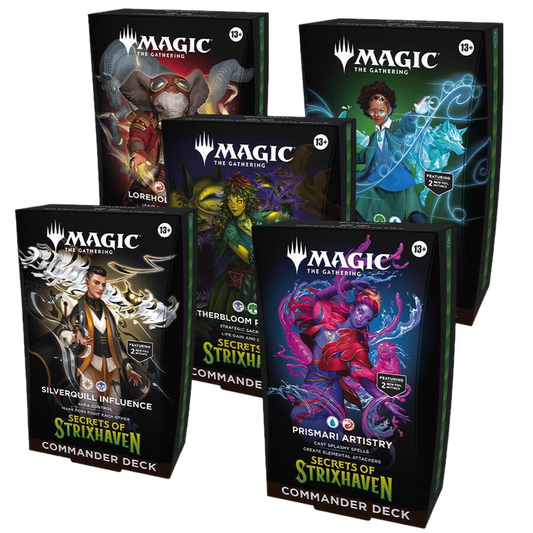Five Magic: The Gathering Strixhaven Commander decks arranged in a group.