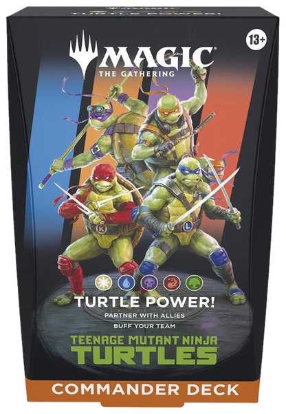 A Magic The Gathering Commander deck box featuring the four Teenage Mutant Ninja Turtles.