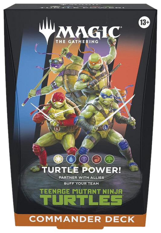 A Magic The Gathering Commander deck box featuring the four Teenage Mutant Ninja Turtles.